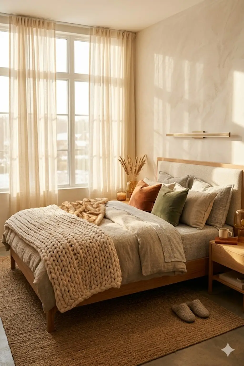 Small cozy bedroom decorated with warm neutral colors and soft layered textures.