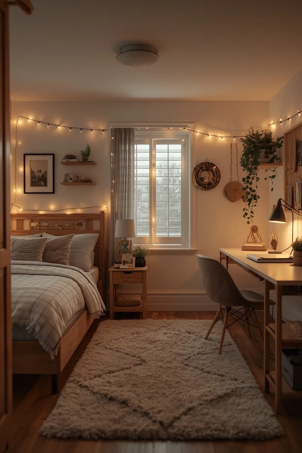 Cozy dorm room with plush rug and stylish neutral decor