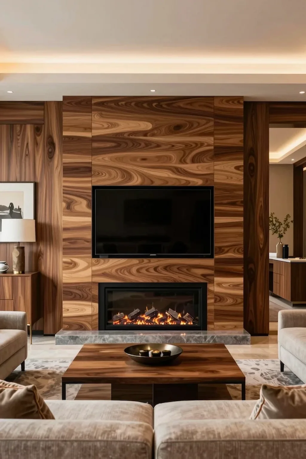 Walnut wood fireplace wall with integrated TV and warm luxury living room design