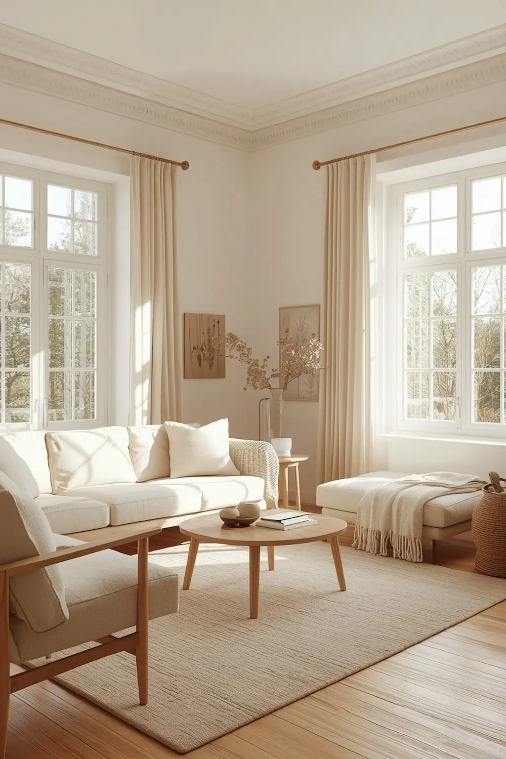 Warm white living room with cozy neutral decor and natural wood furniture