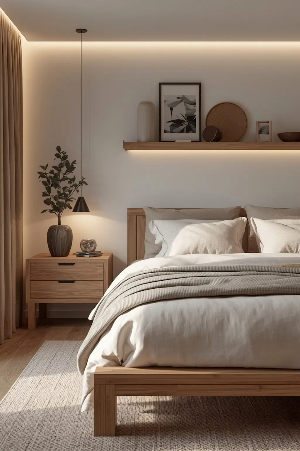 Cozy bedroom with natural wood furniture and warm neutral decor.