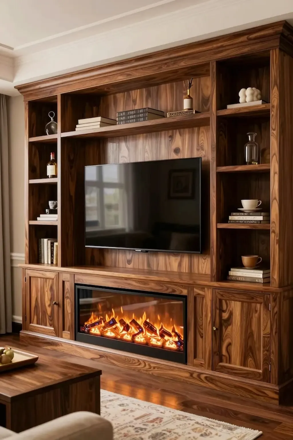 Wood entertainment wall with electric fireplace, TV, and built-in storage.