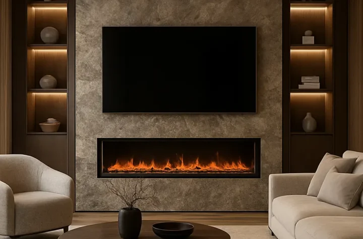 Wood entertainment wall with electric fireplace, TV, and built-in storage