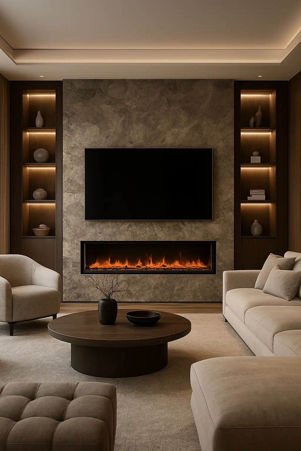 Wood entertainment wall with electric fireplace, TV, and built-in storage