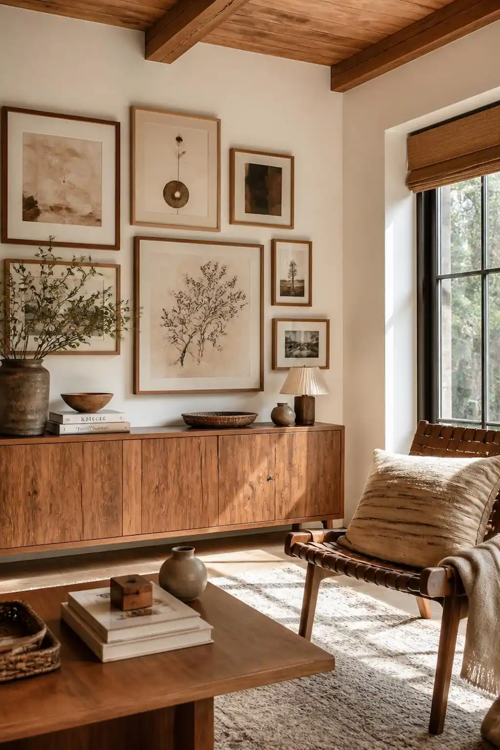 Cozy gallery wall with warm wood frames and neutral artwork