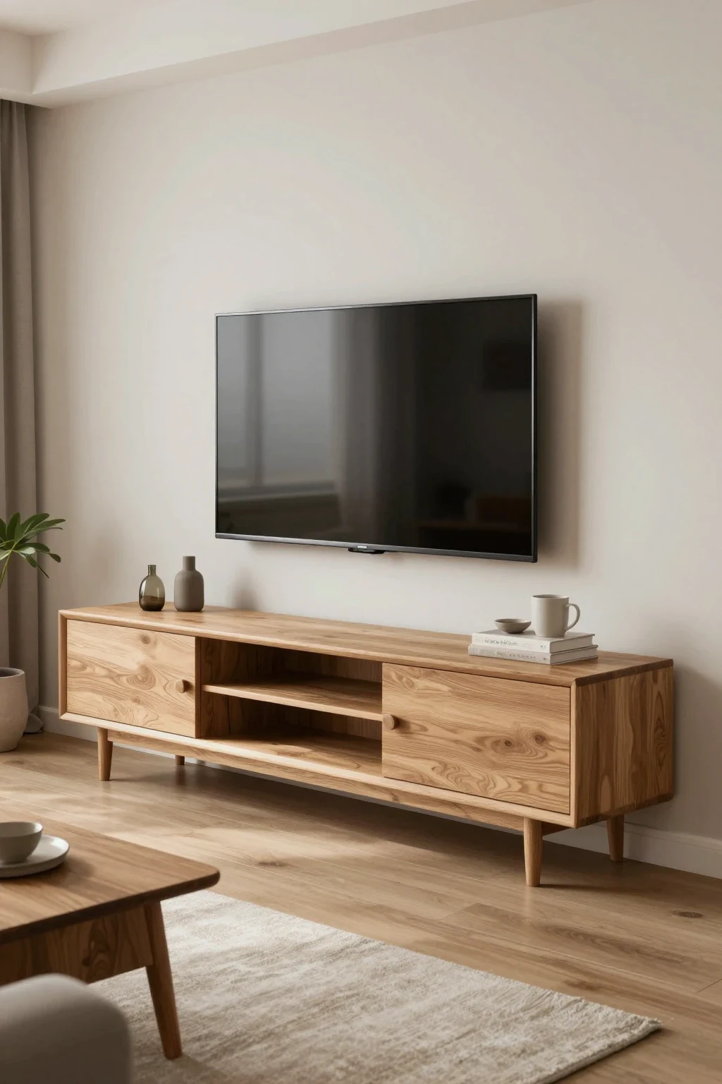 Minimalist oak wood TV cabinet with hidden storage and cozy living room styling