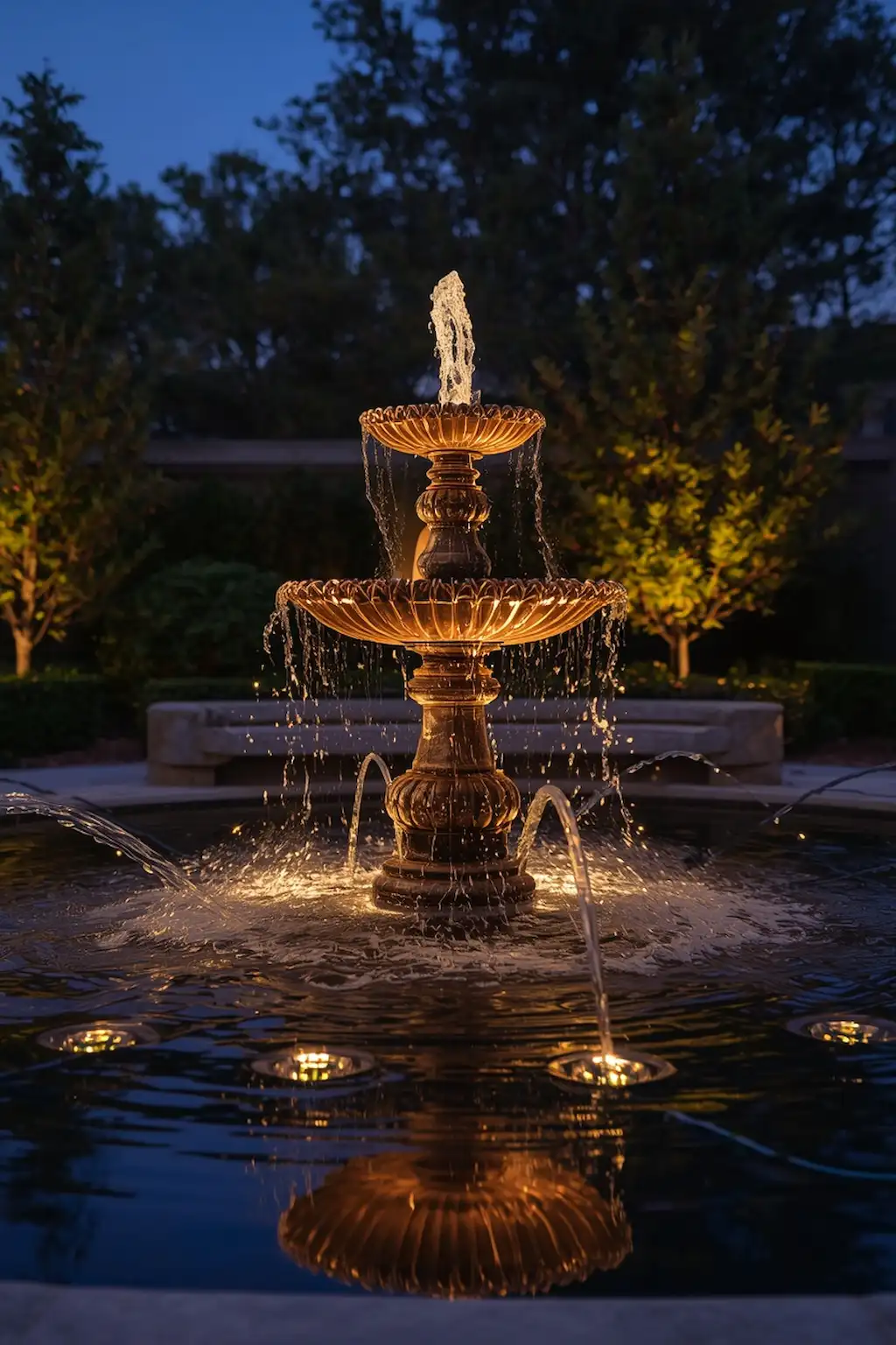 Garden fountain illuminated with elegant lighting creating reflections on water