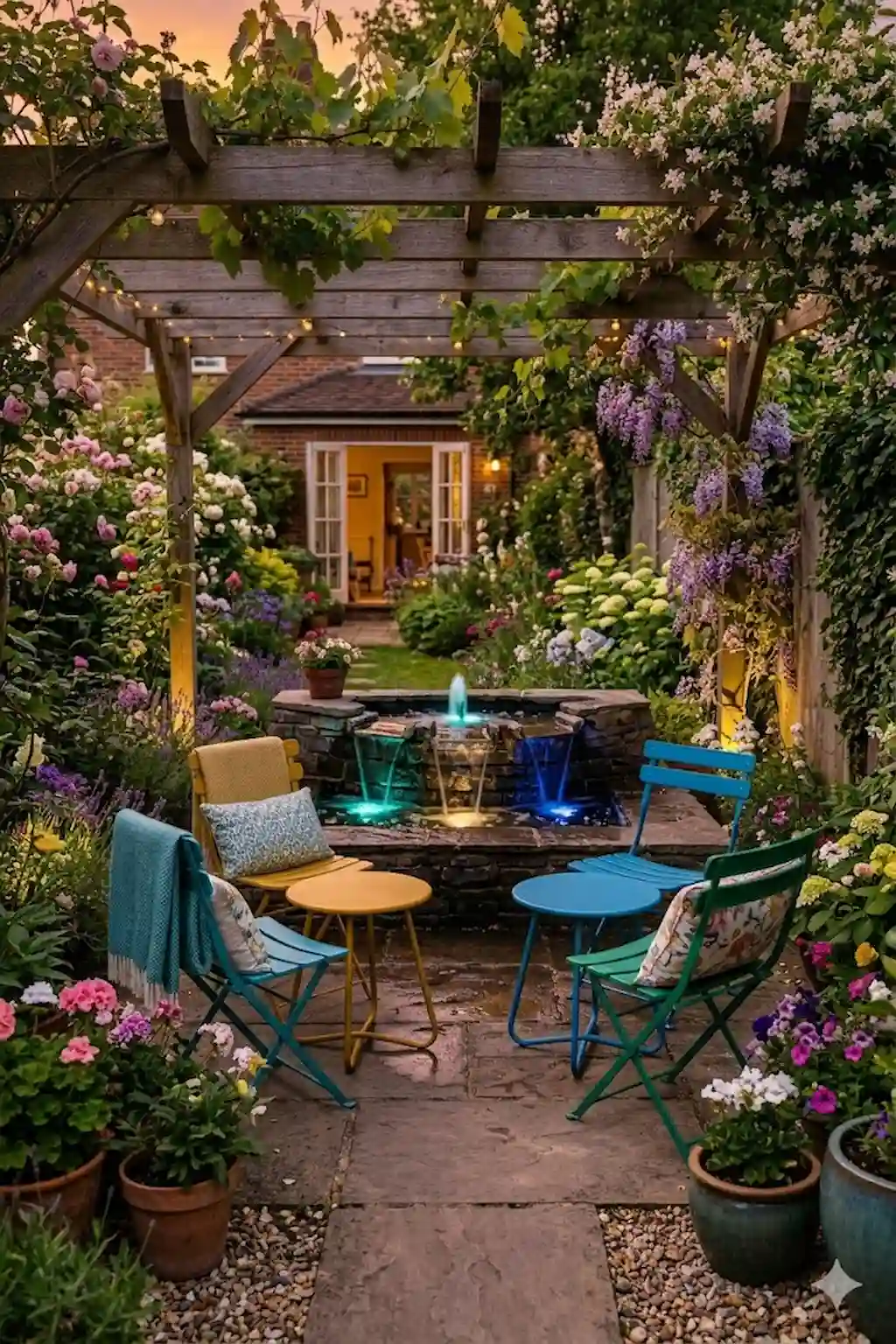 Backyard fountain with colorful lighting effects