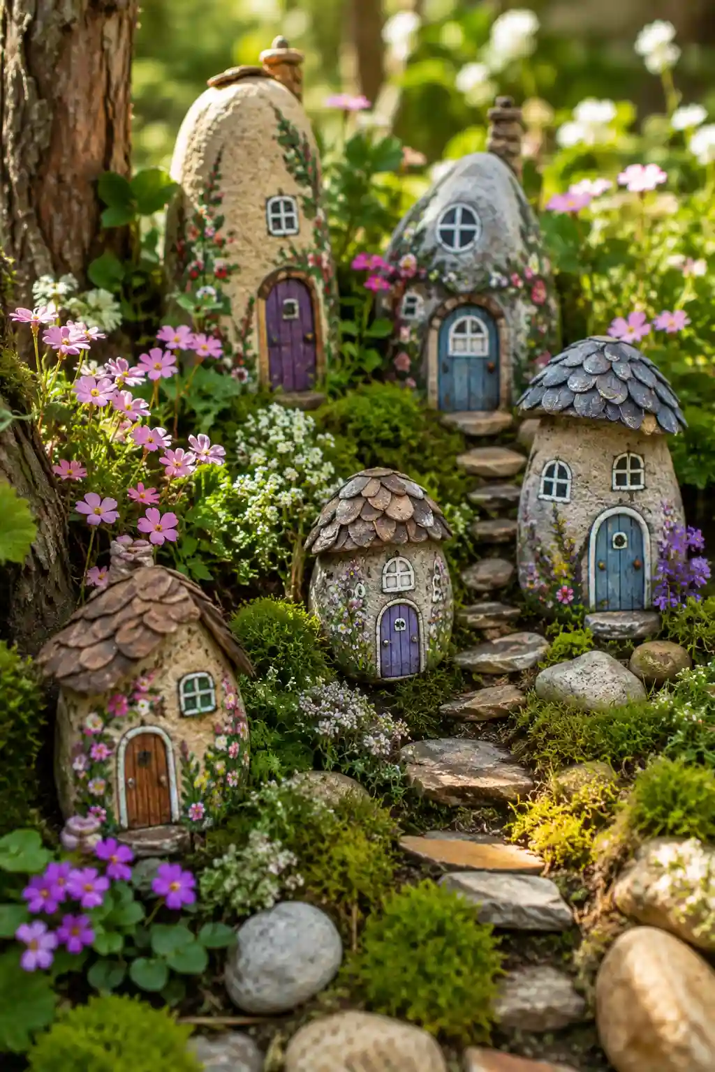 Painted rocks designed as tiny cottage houses in a fairy garden