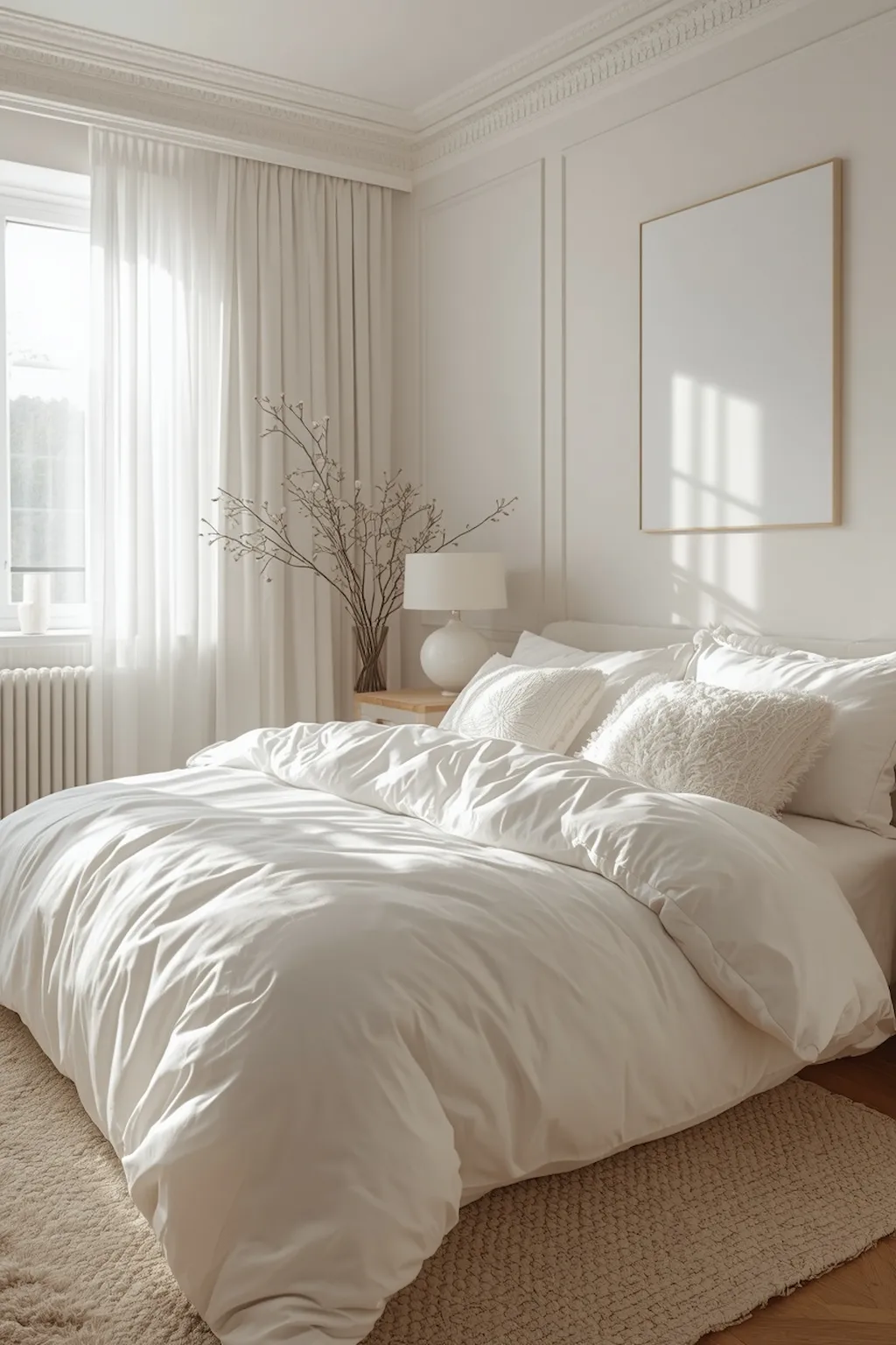 Cozy white bedroom with layered bedding and soft natural textures