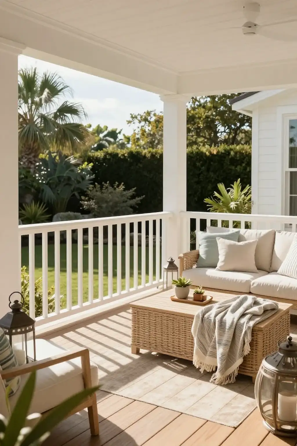 Bright modern outdoor deck with white railings