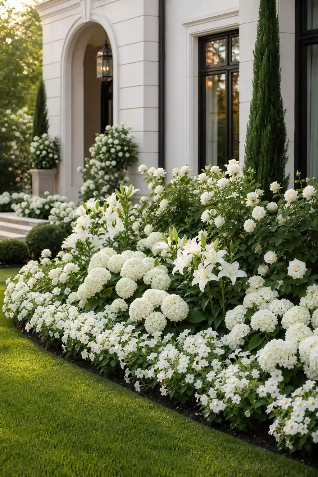 Elegant white flower bed with roses and hydrangeas in a modern front yard