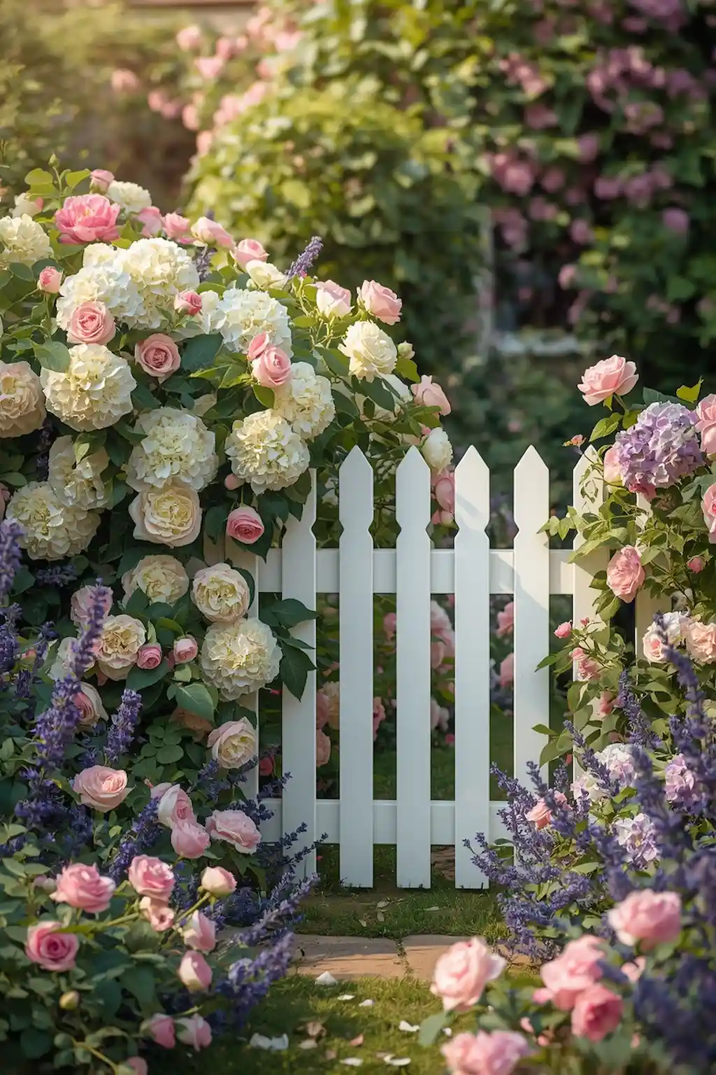 White picket fence surrounded by colorful flowers in a romantic cottage garden.