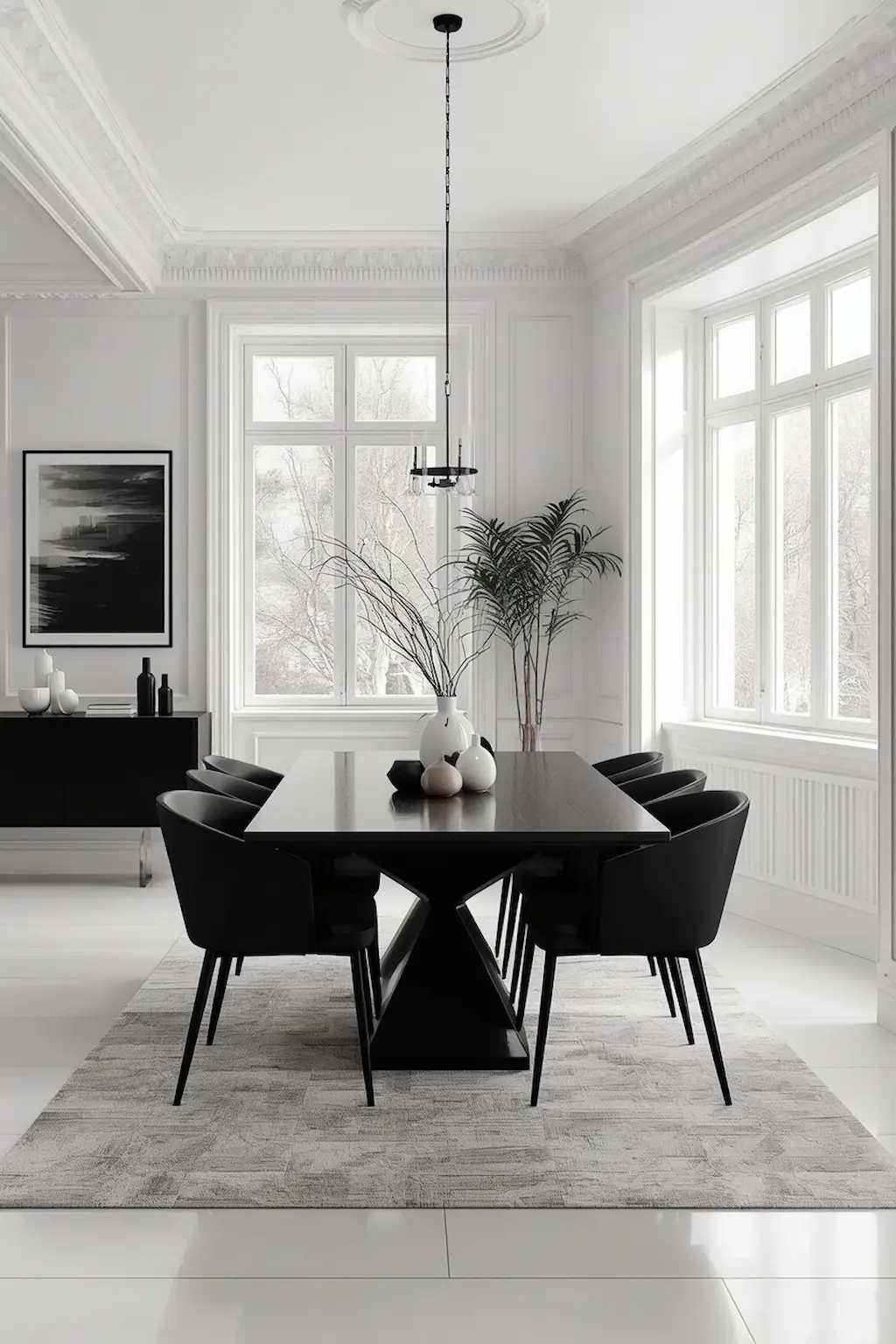 Dining room with white walls and black furniture accents