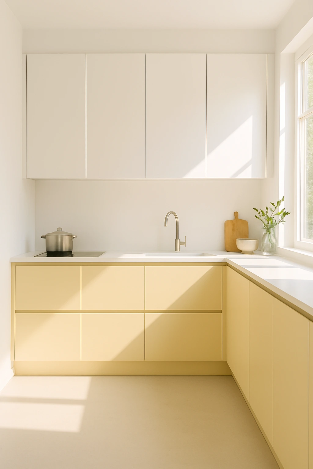 Two-tone kitchen with white upper cabinets and yellow lower cabinets in a minimalist layout
