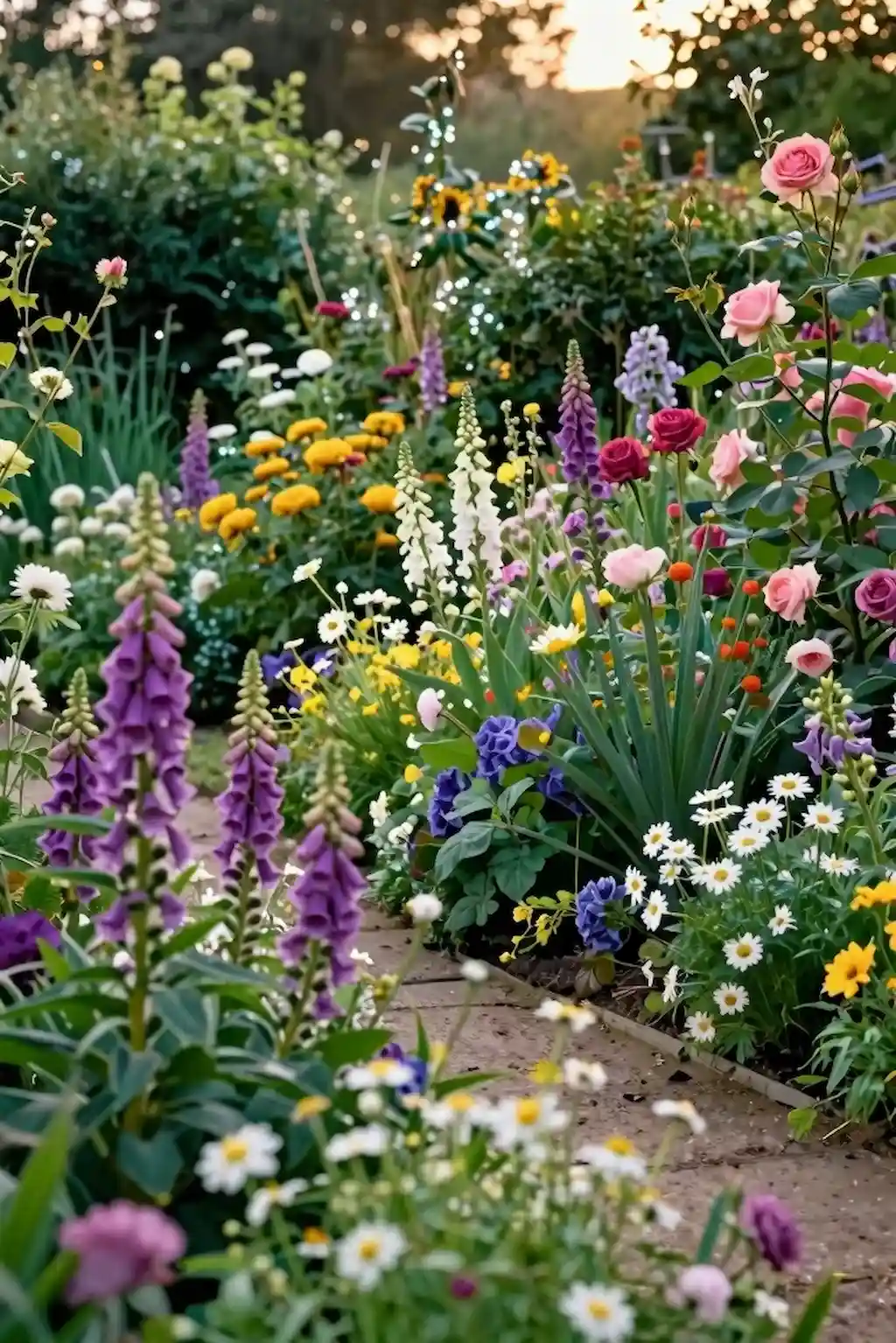 Relaxed cottage garden with naturally overflowing flowers and lush layered greenery.