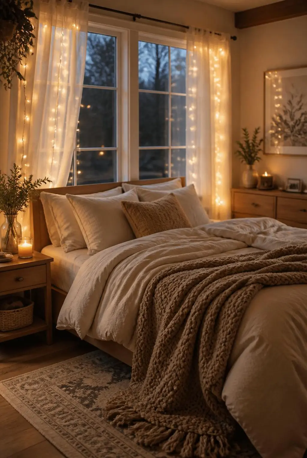 Bedroom windows decorated with warm fairy lights and soft curtains