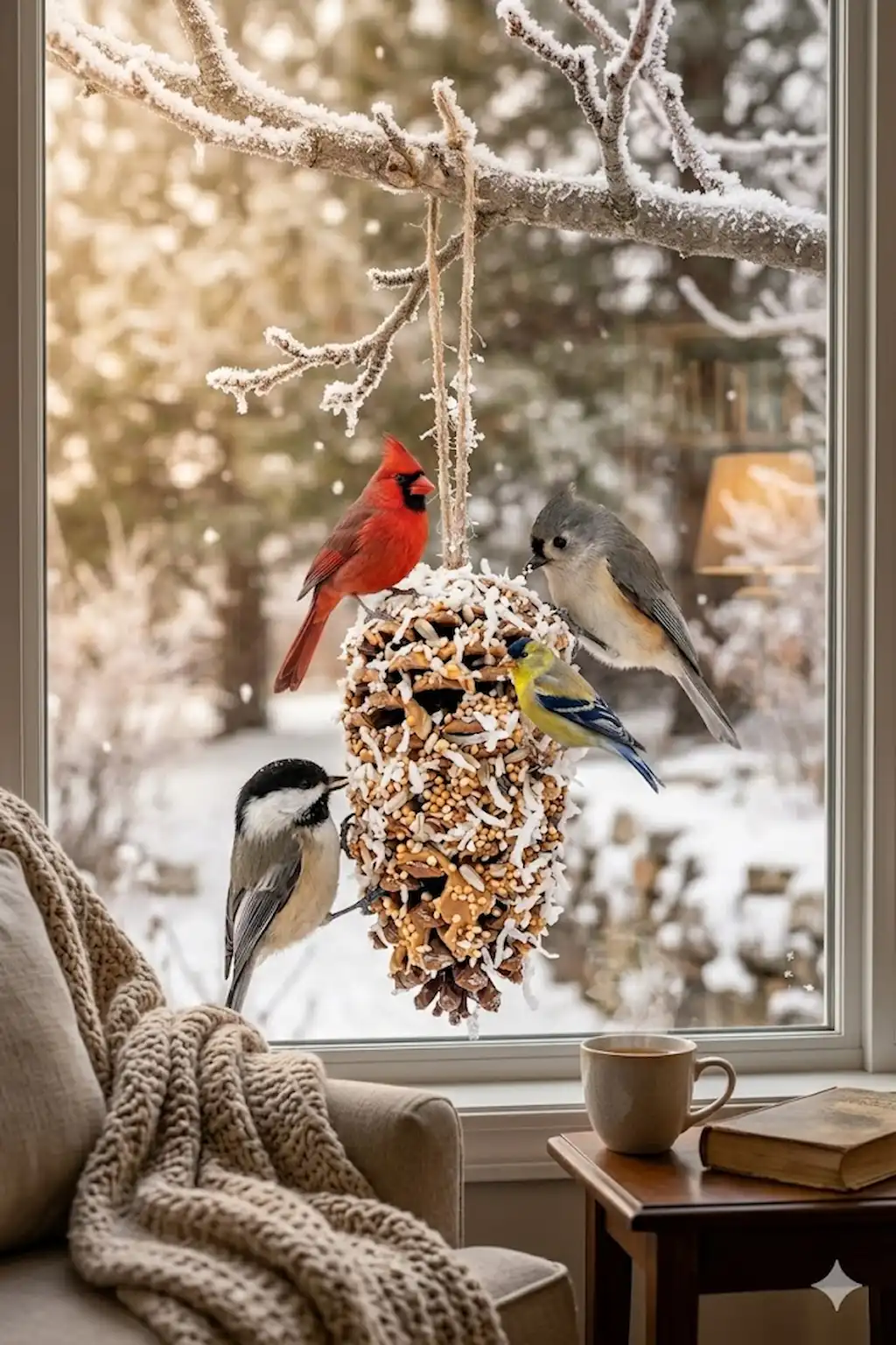 Pine cone bird feeder hanging near a window for close bird viewing