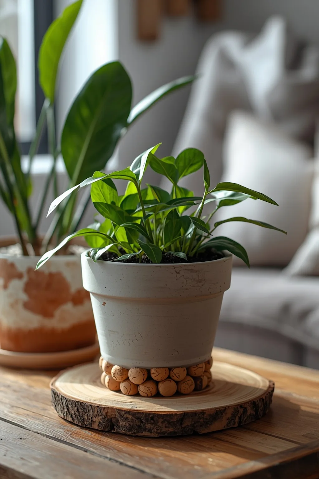 Wine corks reused inside flower pots to improve drainage