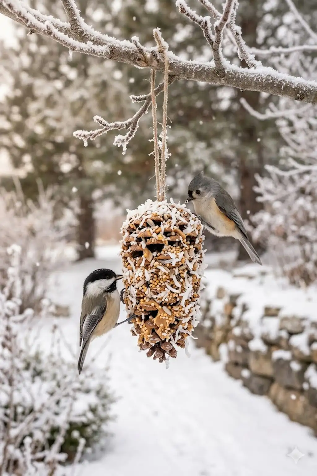 Snowy-style pine cone feeder coated with coconut flakes and seeds