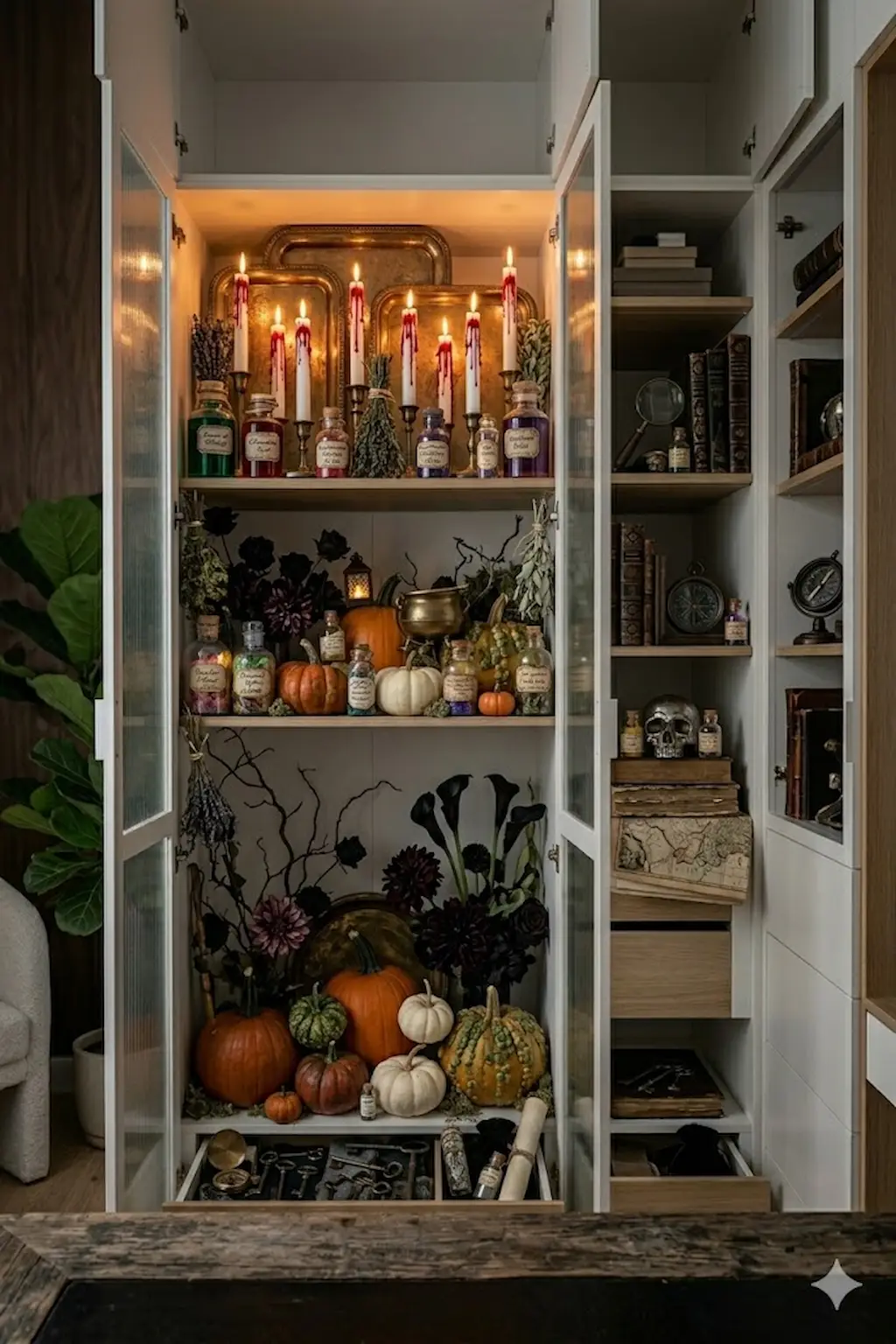 Halloween apothecary shelf with potion bottles and candles