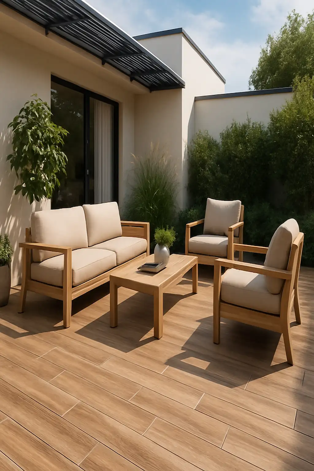 Outdoor patio featuring realistic wood-look porcelain tile flooring.