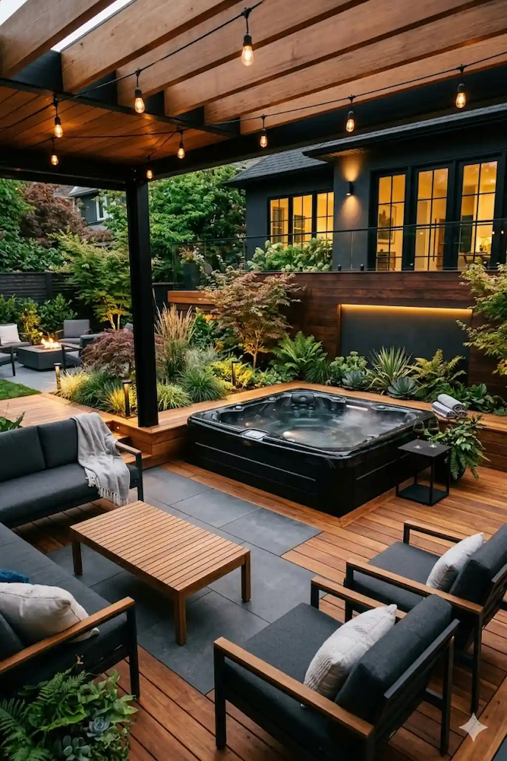 Modern backyard hot tub with black accents and natural wood decor