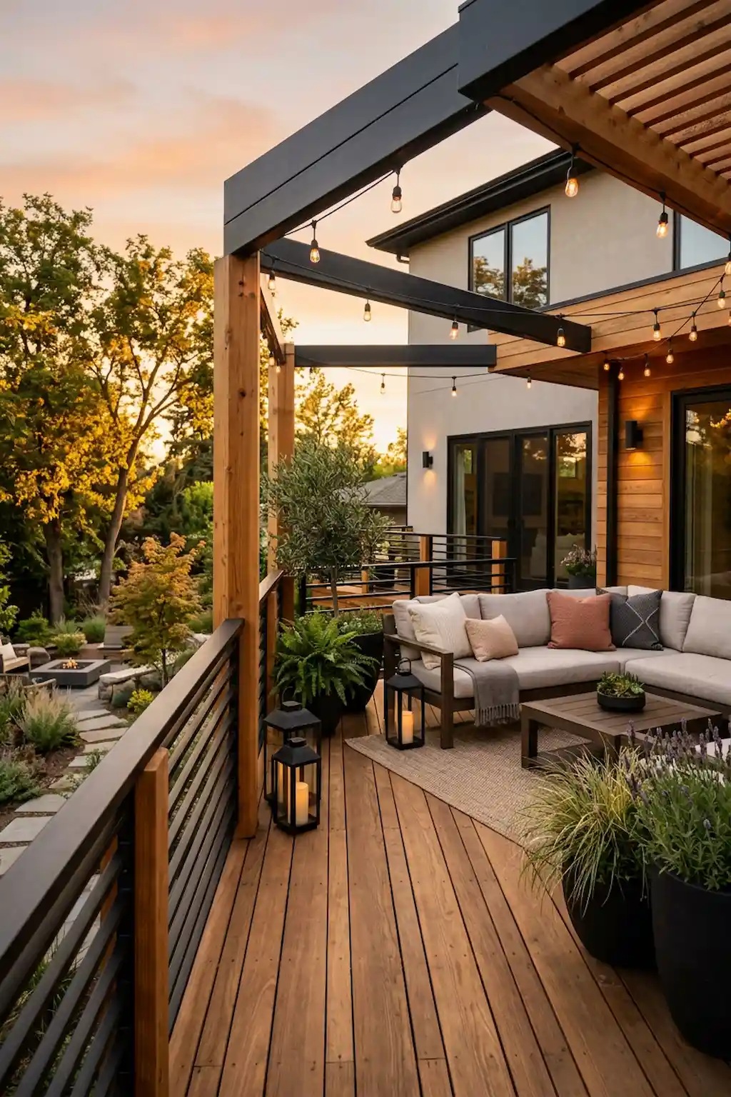 Modern deck with wood and black metal railing combination