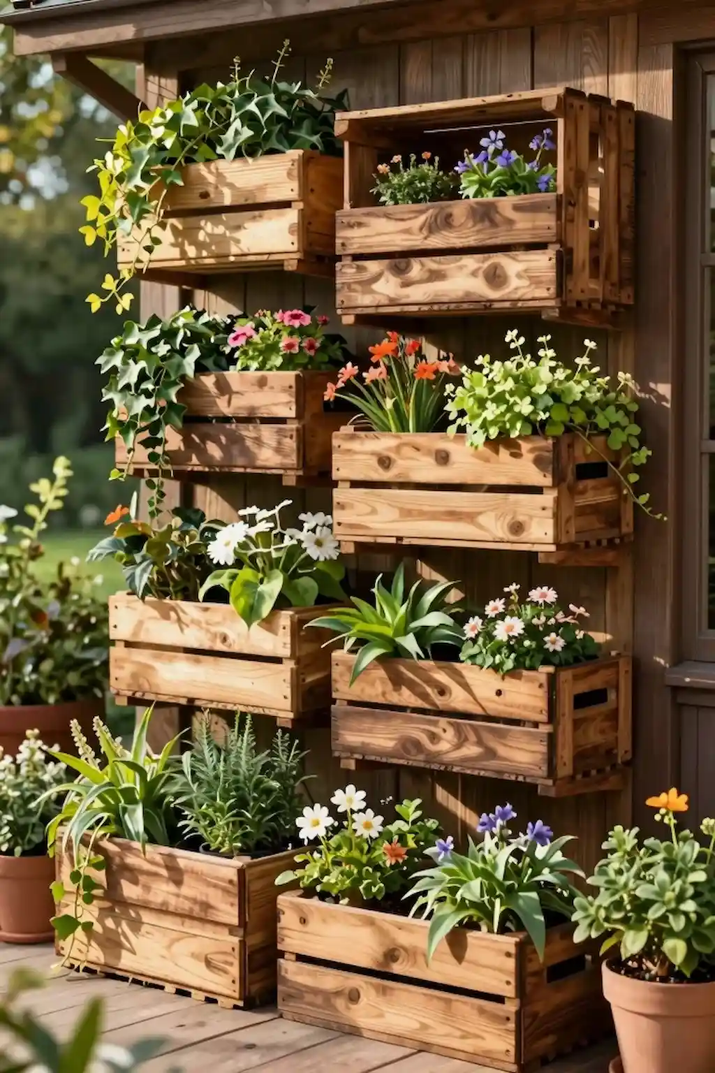 Rustic stacked wooden crate garden with trailing plants
