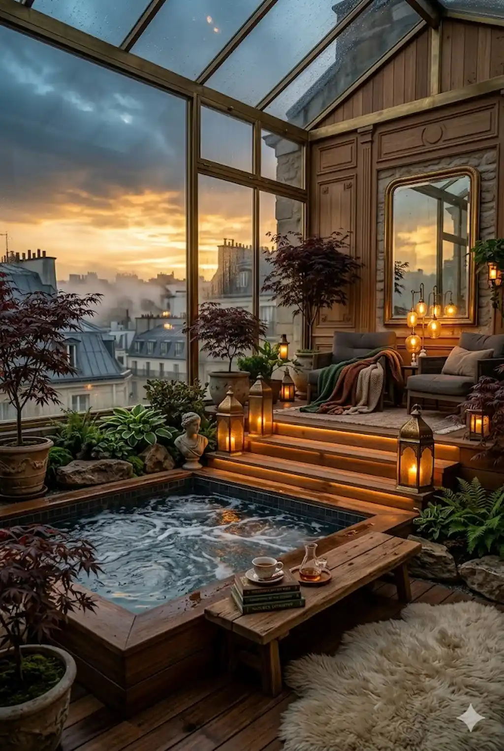 Backyard hot tub with warm wooden deck and cozy outdoor lighting