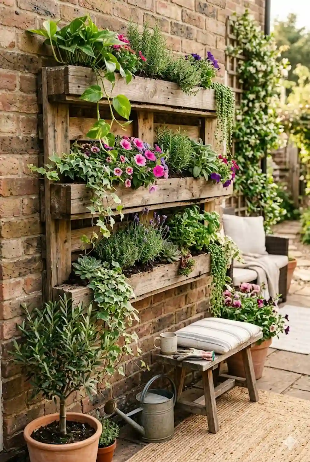 Rustic wooden pallet vertical garden with herbs and flowers