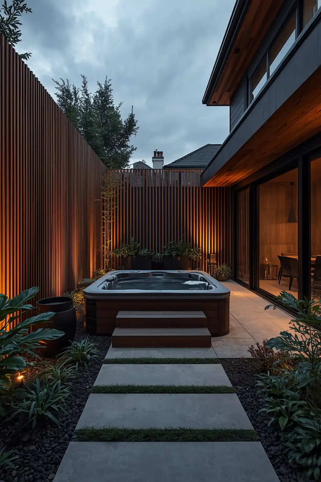 Modern hot tub area with wooden slat privacy walls and cozy decor