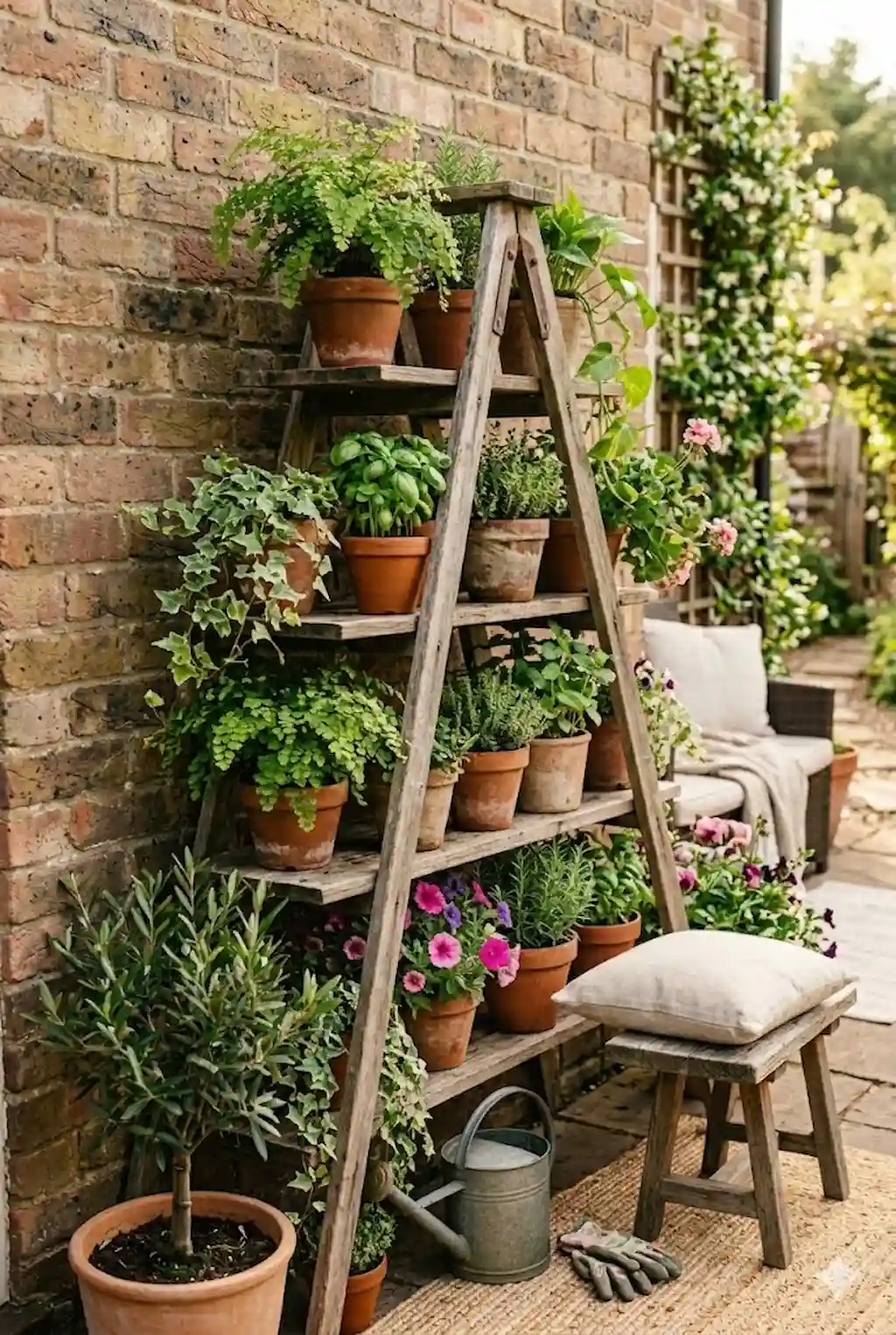 Wooden ladder shelf decorated with plants in a cozy balcony garden