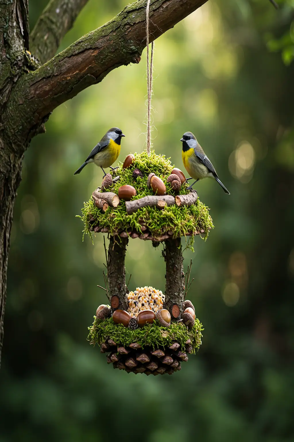 Forest-inspired pine cone feeder with moss, twigs, and natural decor
