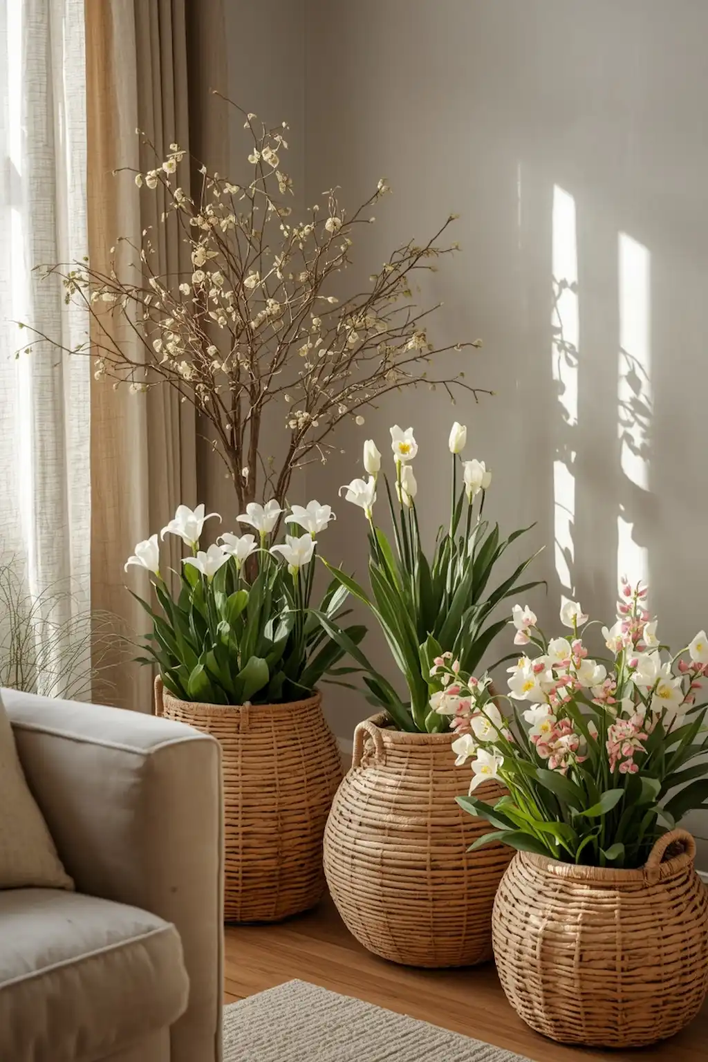 Cozy woven basket planters with spring greenery and flowers