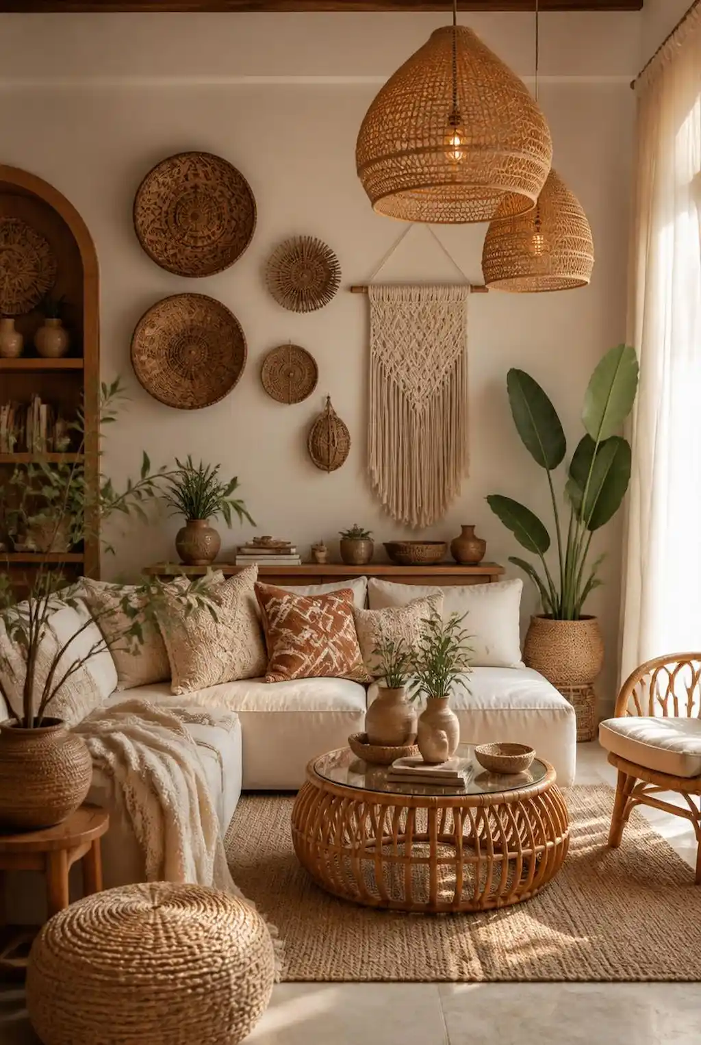 Boho living room with woven baskets, macrame wall art, and rattan decor