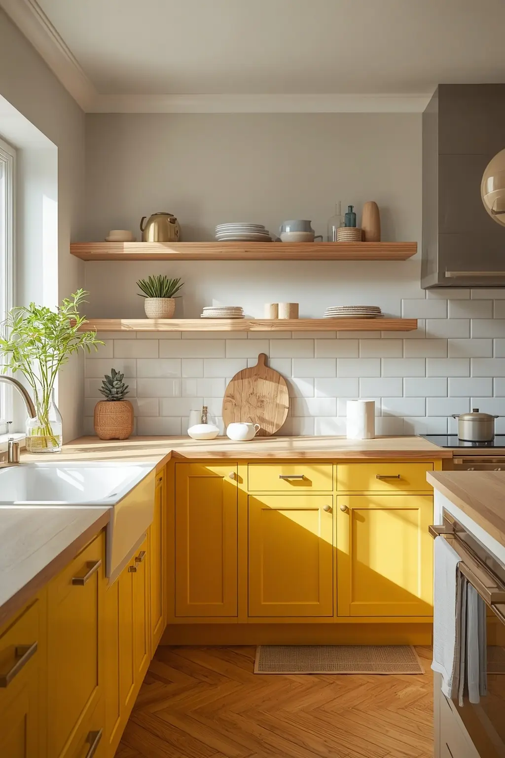 Yellow kitchen cabinetry combined with natural wood countertops and shelving
