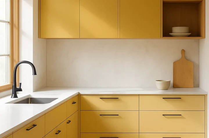 Modern minimalist yellow kitchen cabinets with marble countertops, natural wood accents, bright sunlight, and elegant contemporary styling