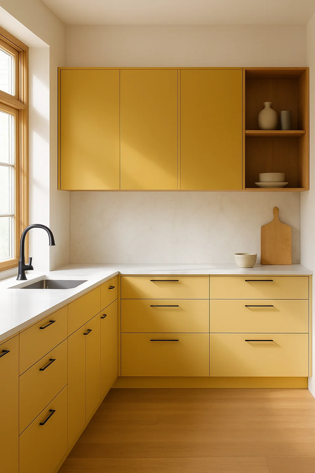 Modern minimalist yellow kitchen cabinets with marble countertops, natural wood accents, bright sunlight, and elegant contemporary styling