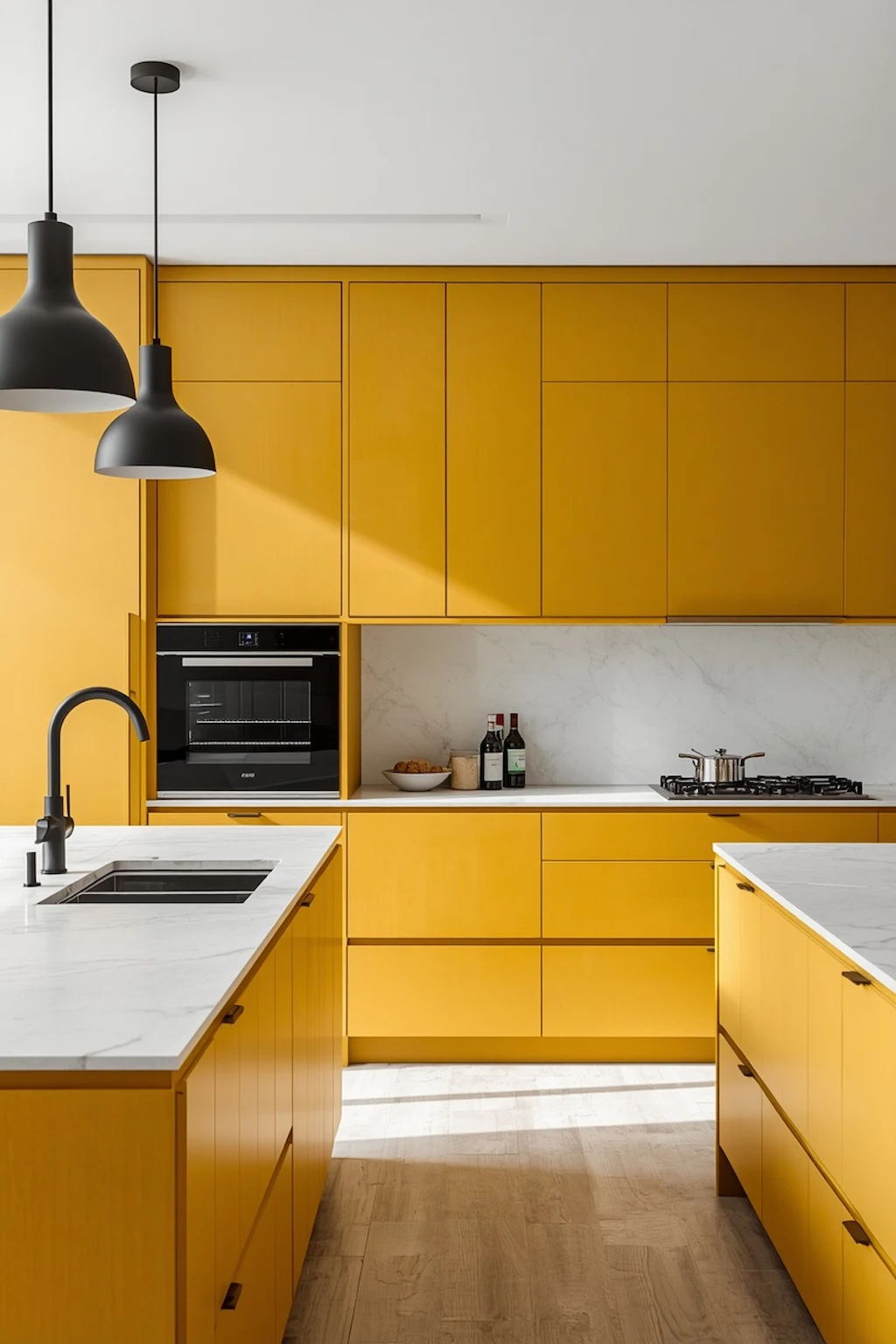 Modern yellow kitchen cabinets paired with black hardware, lighting, and fixtures