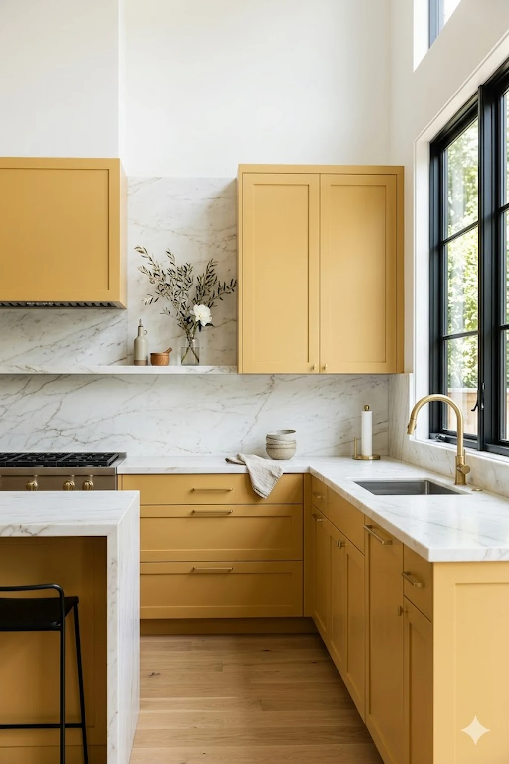 Yellow kitchen cabinets paired with elegant white marble countertops and backsplash