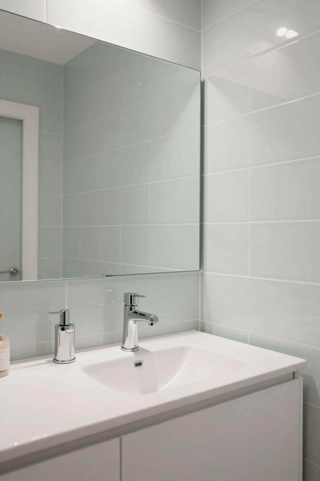 athroom with geometric tile backsplash