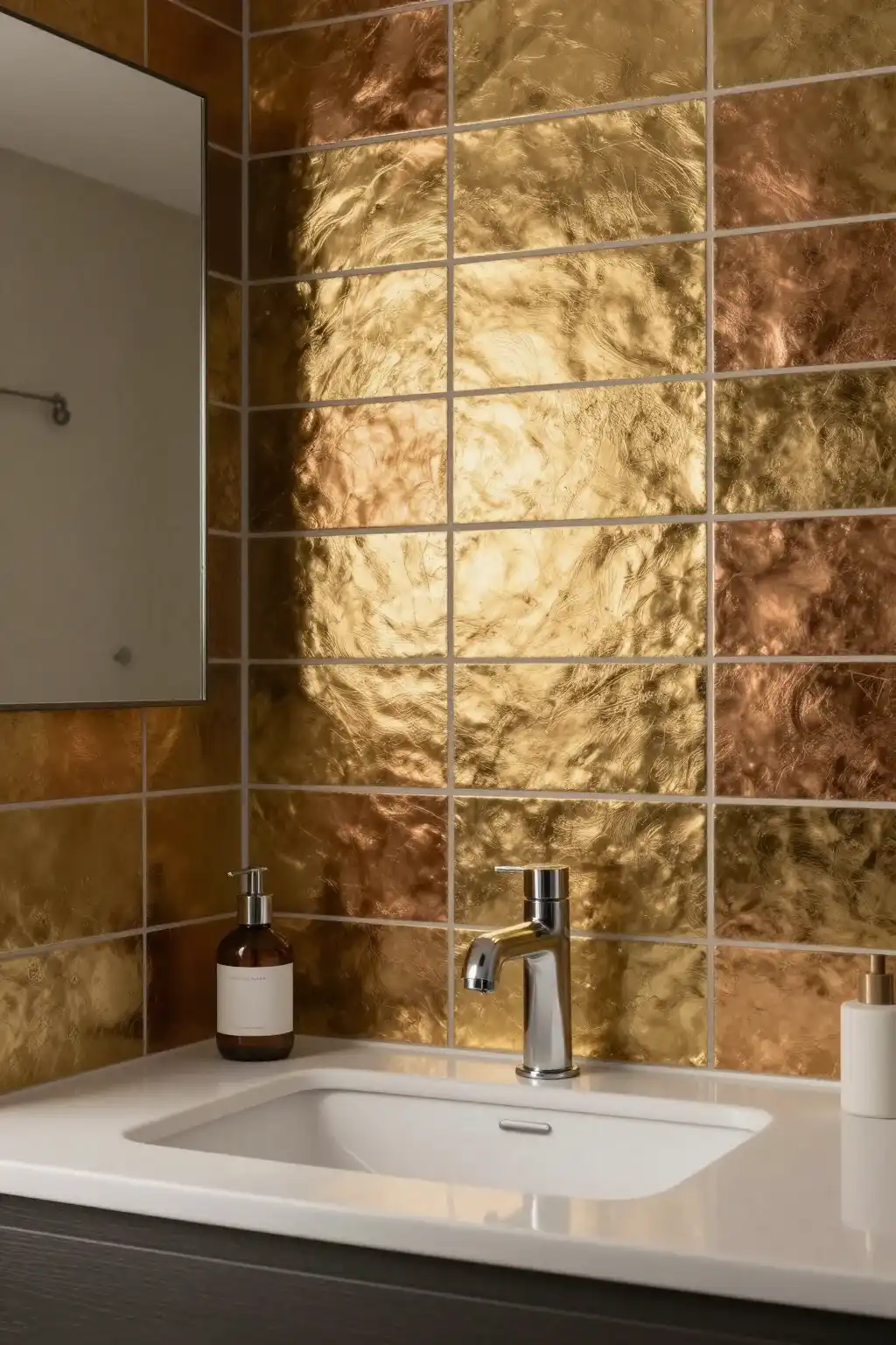 bathroom backsplash with metallic tiles