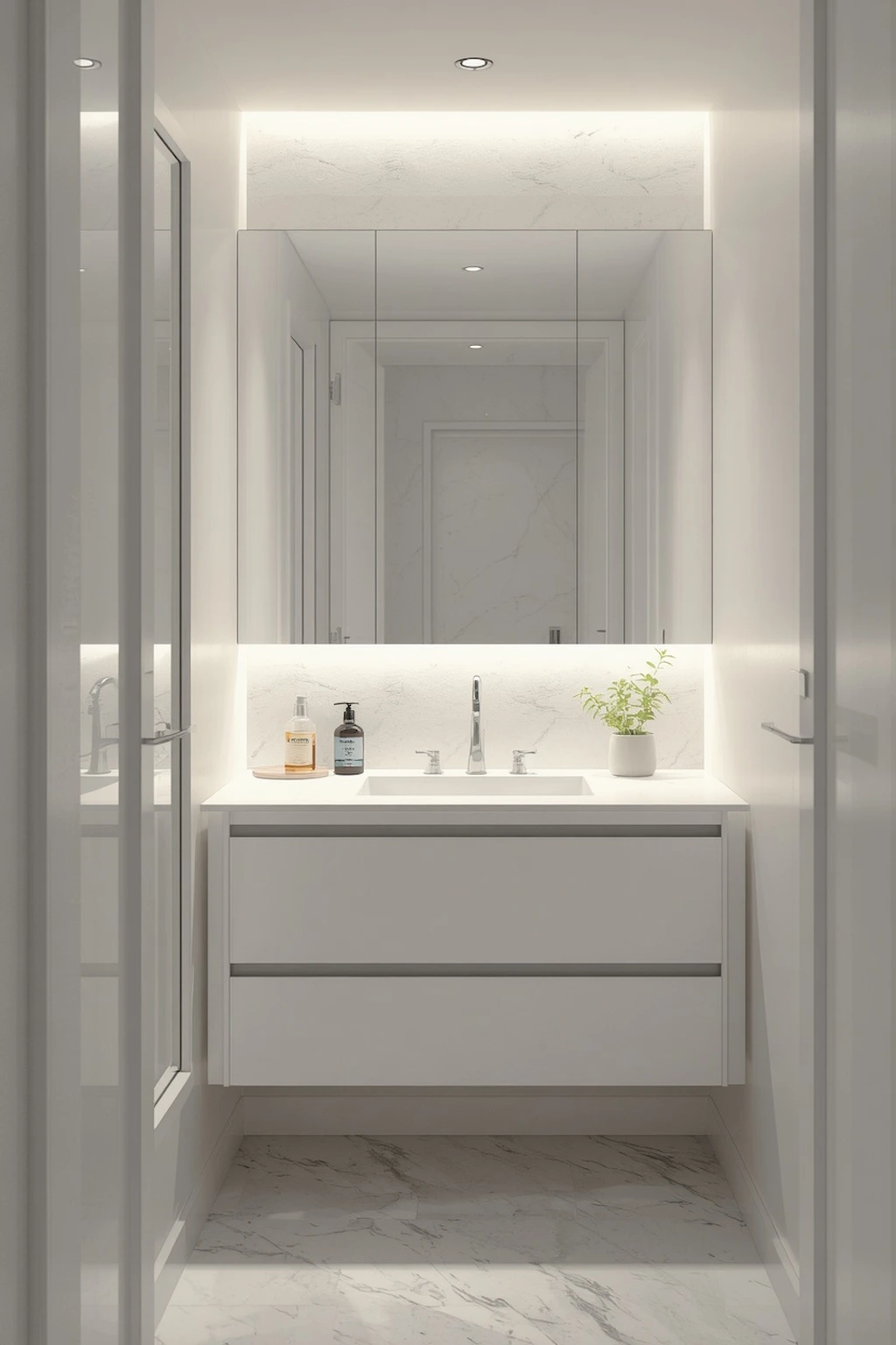 bathroom with mirrored backsplash