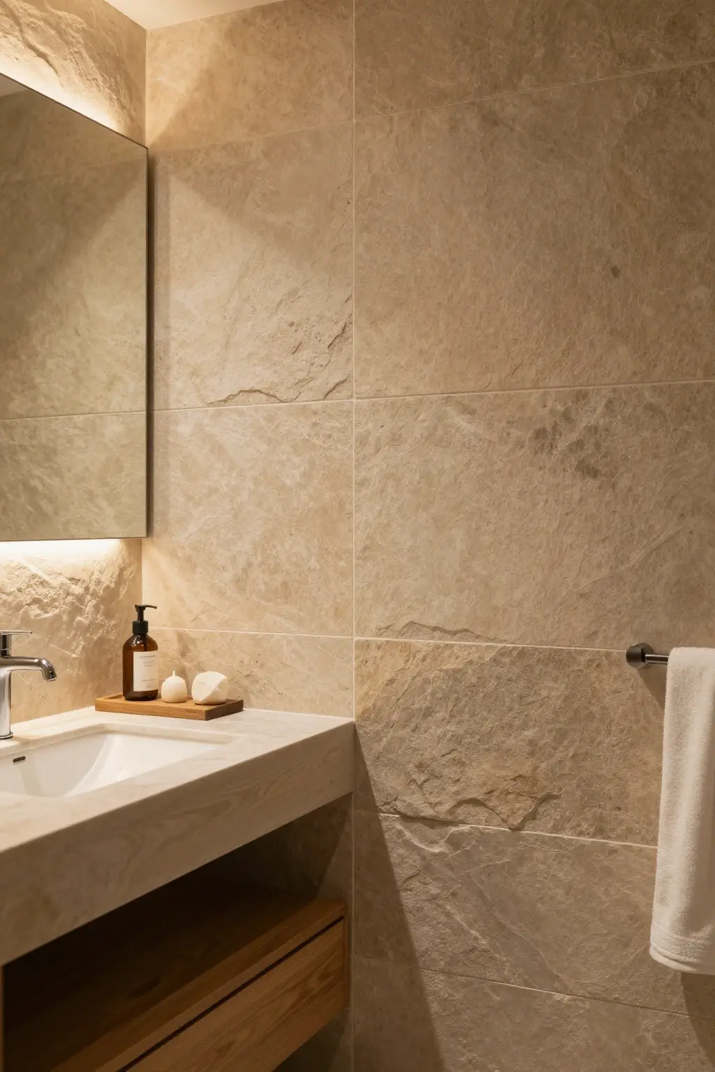bathroom with natural stone backsplash