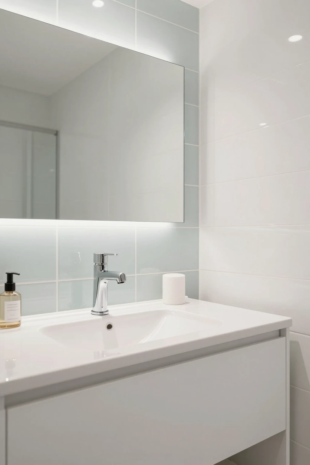 bathroom with shiny glass tile backsplash
