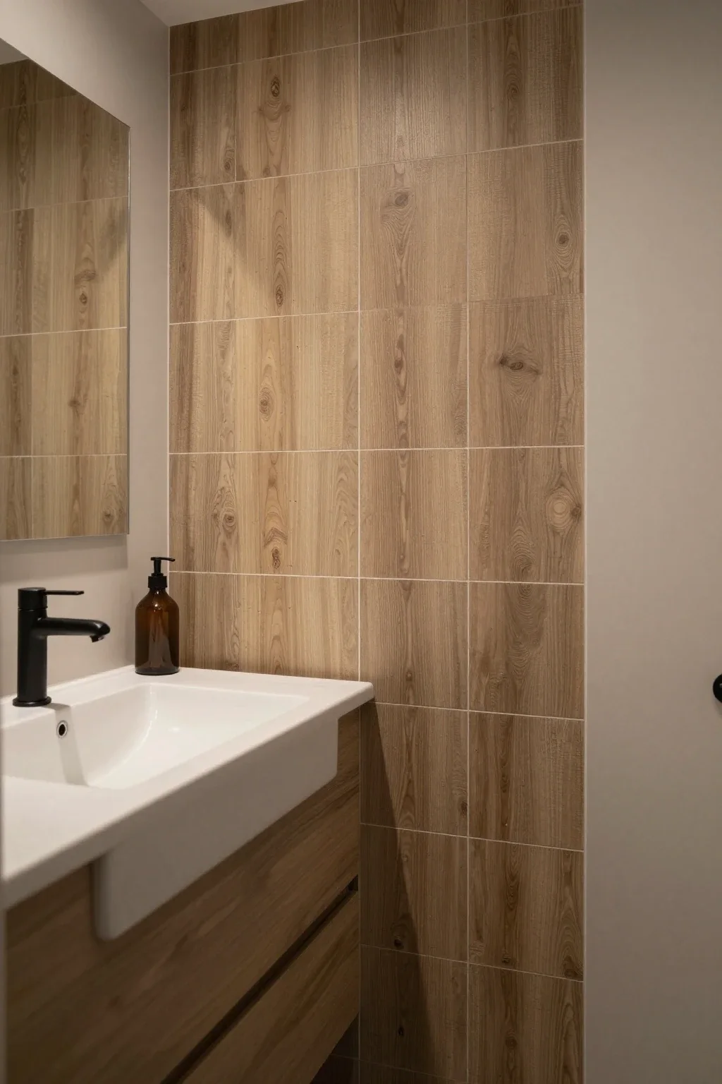bathroom with wood look tile backsplash