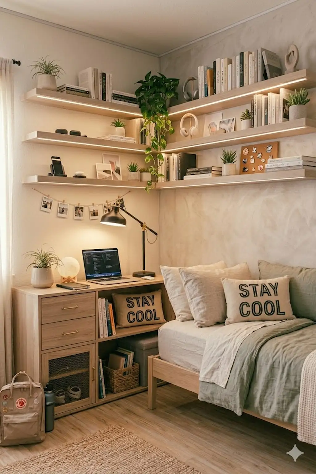 bedroom wall shelves with decor and plants