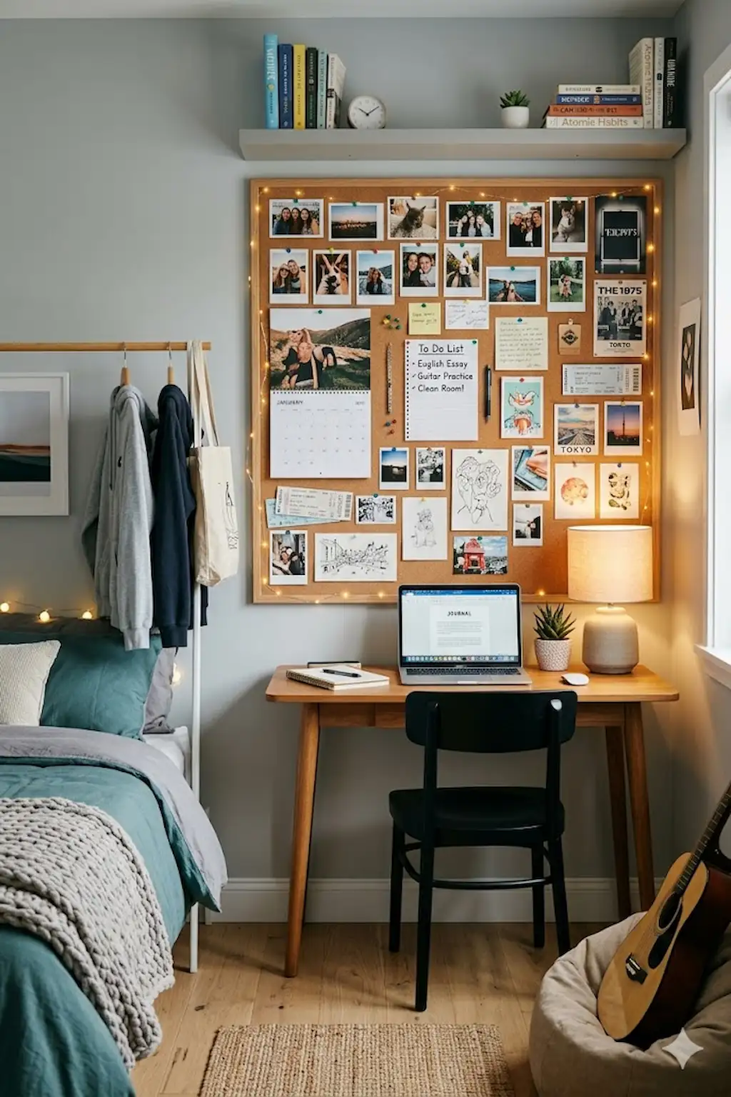 bedroom with corkboard for notes and photos