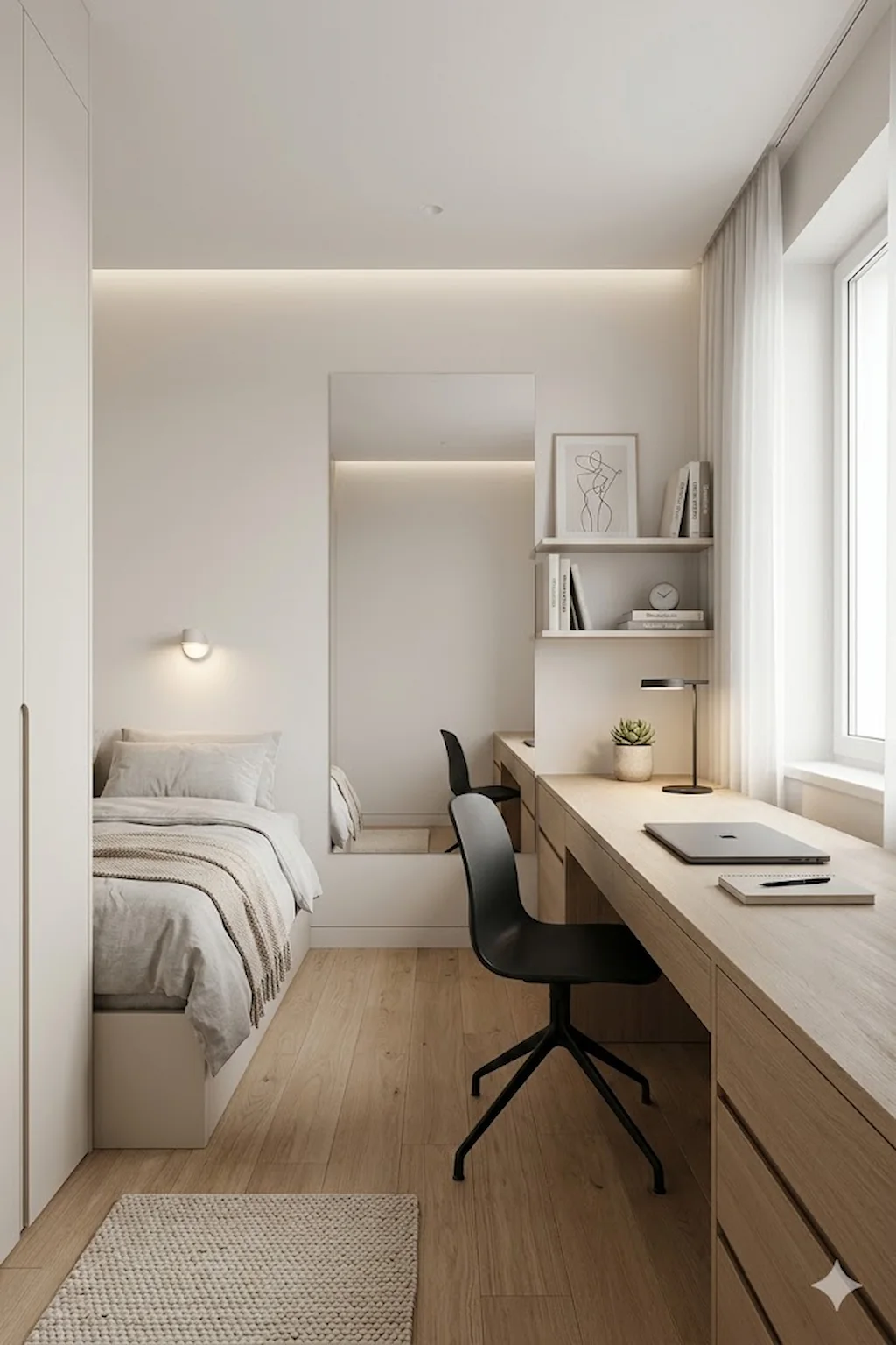 clean bedroom with hidden cables and minimal setup